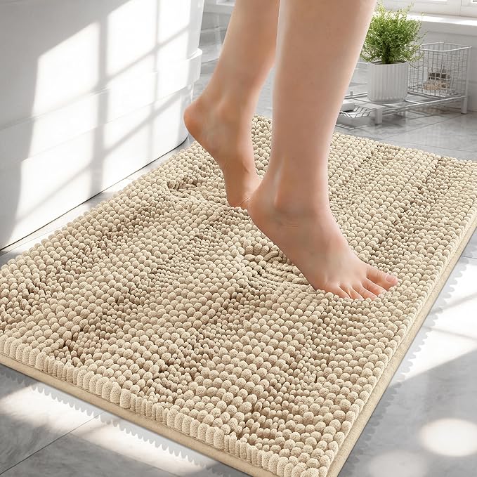 OLANLY Thick Small Bathroom Rugs 24x16, Extra Soft Absorbent Chenille Striped Bath Rugs, Rubber Backing, Machine Wash, Bath Mats for Bathroom Floor, Tub and Shower, Home Decor Accessories, Beige