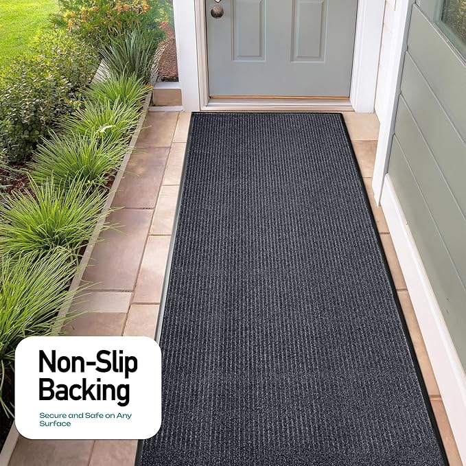 MaxMat® Commercial Entryway Mat - Large Rubber Heavy Duty Doormat, Indoor/Outdoor, Easy Clean, Waterproof Floor Mat (4 x 10 Feet, Grey, MXM-RIB0410GY)