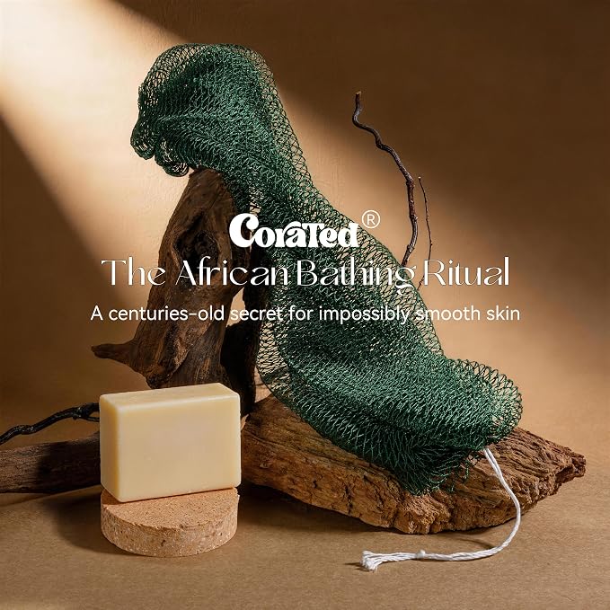 CORATED African Net Sponge Authentic, Shower Net with Knots Loofah Exfoliating Bath Sponge, Body Scrubber for Women Daily Use Body Care, Travel Portable Bath Accessories for Bathroom (Black & Grey)