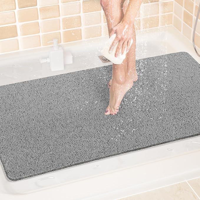LuxStep Shower Mat Bathtub Mat,40x24 inch, Non-Slip Bath Mat with Drain, Quick Drying PVC Loofah Bathmat for Tub,Shower,Bathroom,Grey