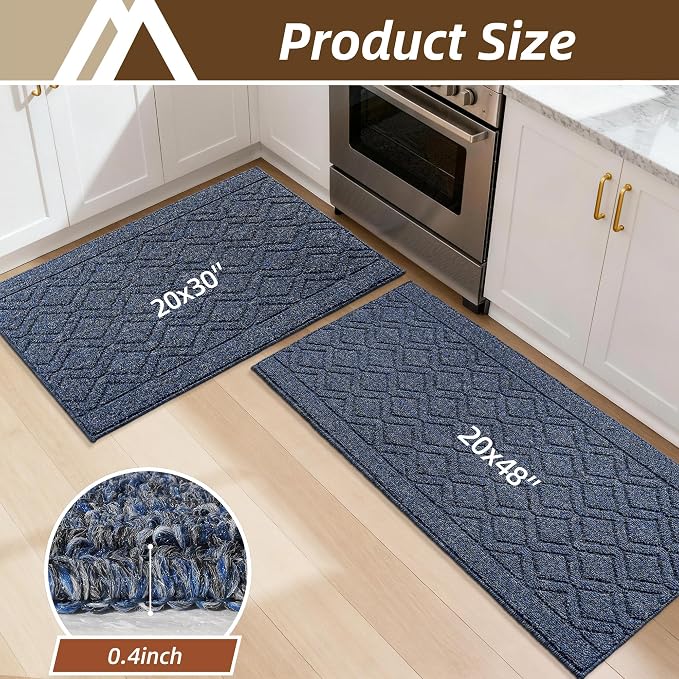 COSY HOMEER Kitchen Rugs Sets 2PCS,Non-Slip Washable Kitchen Mats for Floor,Absorbent and Stain Resistant Kitchen Runner Rugs for Kitchen Sink Laundry Entryway,20"x30"+20"x48",Heather Blue