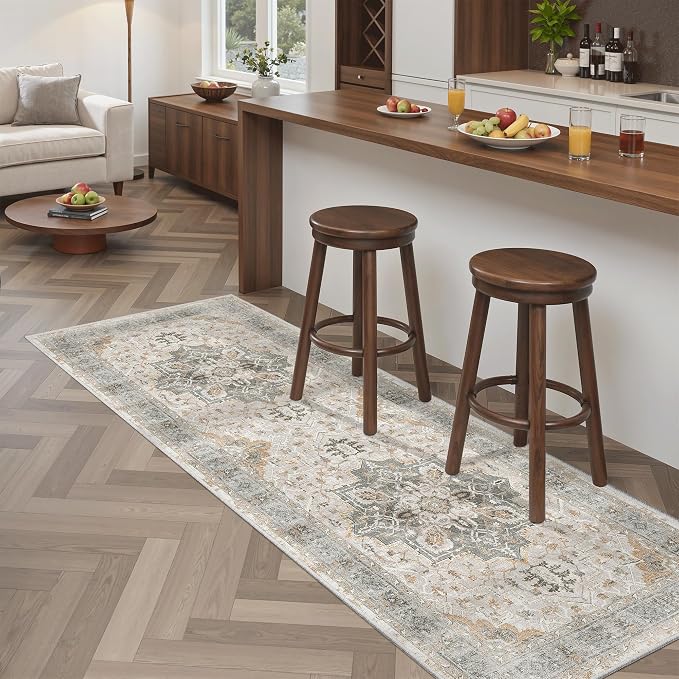 Madane Washable Runner Rug - 2x6 Rug Runners for Hallways 6 Foot Non Slip Vintage Kitchen Runner Rug Ultra-Thin Bathroom Runner Rugs Carpet Laundry Room Bedroom (2x6ft, Light Taupe Brown)