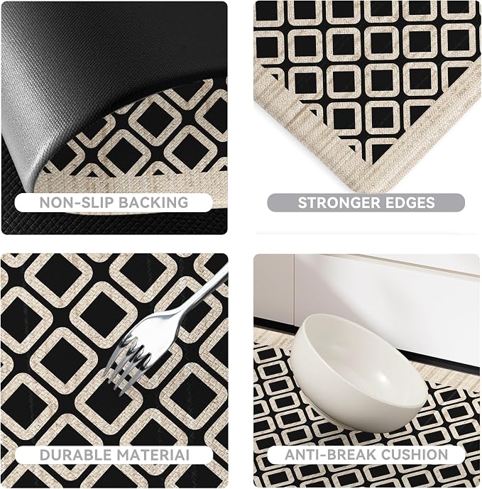 Black Vintage Geometric Elegance Grid Kitchen Rug Sets [2 PCs], Anti-Fatigue, Waterproof Non-Slip Kitchen Mats Heavy Duty Comfort Foam Rug for Kitchen, Floor, Laundry,17"x29"+17"x47"