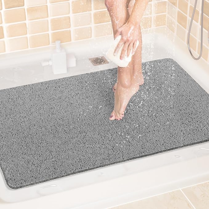 LuxStep Shower Mat Bathtub Mat,24x36 inch, Non-Slip Bath Mat with Drain, Quick Drying PVC Loofah Bathmat for Tub,Shower,Bathroom,Grey