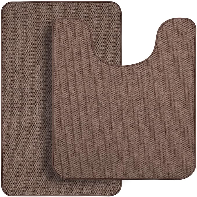 Bosap Bathroom Rugs Set 2 Pieces,Thin Bathroom Mats,Toilet Rugs,Quick Dry,Non-Slip,Machine Washable,Low Pile,Absorbent Bath Mats,Shower,Sink,Home Decor Accessories.Brown,1'5"x2'3"+1'8"x2" U Shape