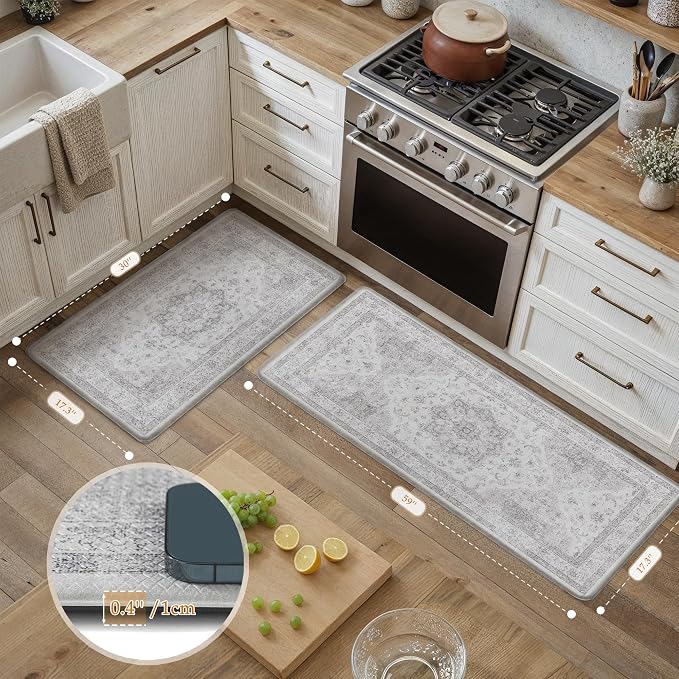 PureCozy Kitchen Mats 2PCS Anti Fatigue Cushioned Mat Gray Vintage Kitchen Mats for Floor Waterproof Non Slip Comfort Standing Oriental Medallion Grey Rug for Sink Laundry Office 17.3"x59"+17.3"x30"
