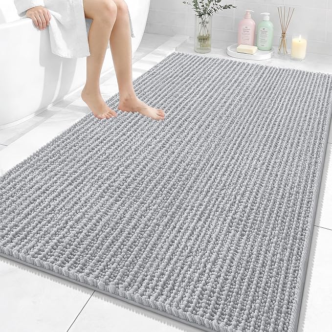 OLANLY Bathroom Rug Mat 59x35, Thick Soft and Absorbent Chenille Bath Mat, Non-Slip Rubber Backing, Machine Washable Quick Dry Bath Rugs for Tub Shower Floor, Home Decor Accessories, Light Grey