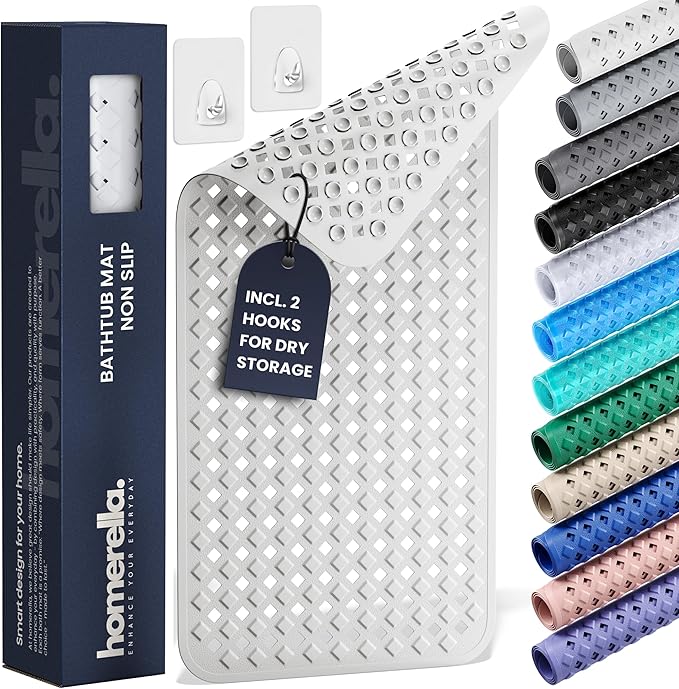Bathtub Mat Non Slip 28x16 - homerella® Bath Mat Incl. Hooks for Drying, 100% BPA Free, Shower Mat Non Slip Anti Mold, Machine Washable, Shower Mats for Inside Shower Mildew Resistant (White)