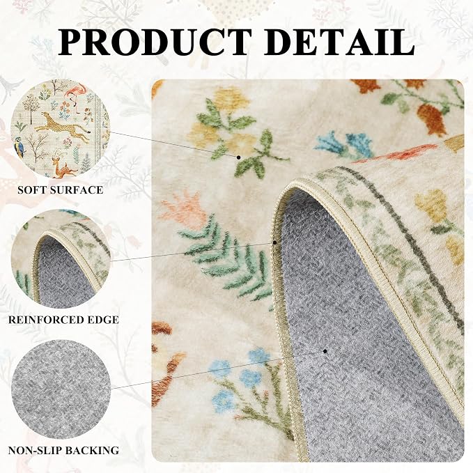 DUKINO 9x12 Rug, Washable Animal Living Room Rug with Non Slip Vintage Design, Soft Low Pile Large Carpet for Bedroom, Nursery, Dining Room, Farmhouse, Playroom, White
