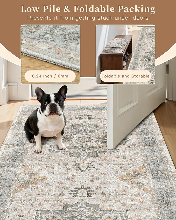 Madane Runner Rug 2'6''x8' Kitchen Runner, Hallway Runner Printed Vintage Rug 2.5x8ft Washable Rugs Soft Non-Slip Low Pile Runners for Hallways Laundry Room Rug, Light Taupe Brown