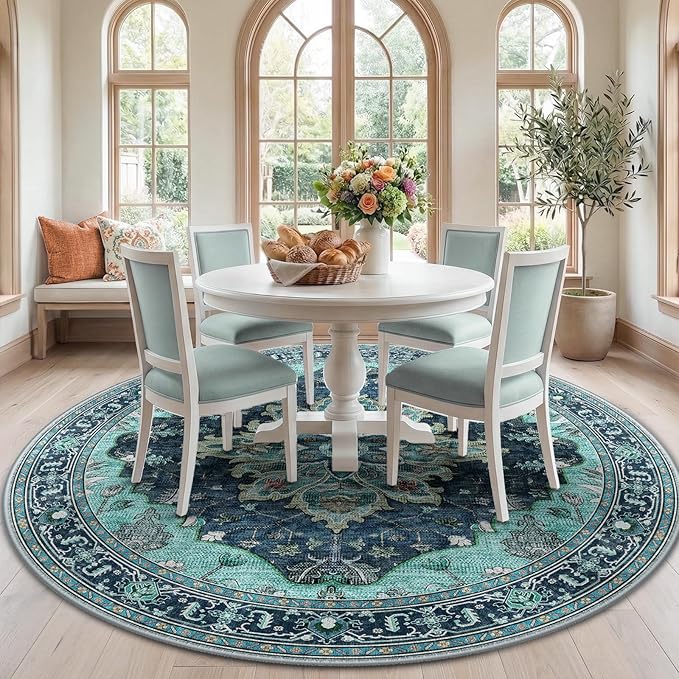 RELEANY Area Rugs Round 7ft Washable Non-Slip, Floral Vintage Distress Medallion Carpet for Living Room Bedroom Dining Room, Teal Green Lake Blue Turquoise