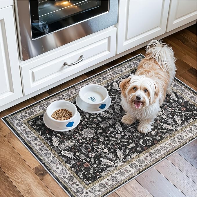 2x3 Rug Non-Slip Washable for Kitchen – Boho Small Throw Rug for Sink & Entryway, Soft Low Pile Thin Indoor Mat for Pet Area & Bathroom (Black, 2x3)