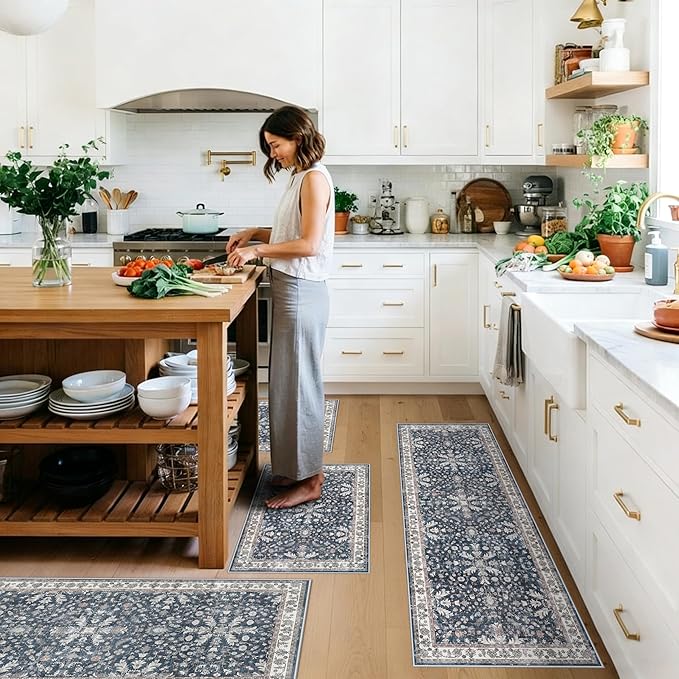 Kitchen Rug Sets 4-Piece with Runner – Washable Non-Slip Floor Mats for Sink, Entryway, Hallway, Bathroom – Soft Low-Pile Thin Boho Floral Rugs, New Home Decor (Blue, 2x3+2x4+2x5+2x6)