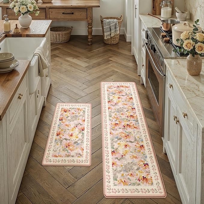 Anti Fatigue Kitchen Mats 2PCS Thick Non Slip Cushioned Rugs Beige Abstract Floral Waterproof Comfort Standing Mats for Floor Sink Laundry Office 17.3"×59"+17.3"×30"