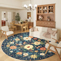 DUKINO Floral Round Rug, 6ft Washable Circle Rug, Non Slip Indoor Low Pile Circle Rug, Soft Small Boho Design Carpet for Bedroom, Entryway, Living Room, Dining Room, Dark Blue