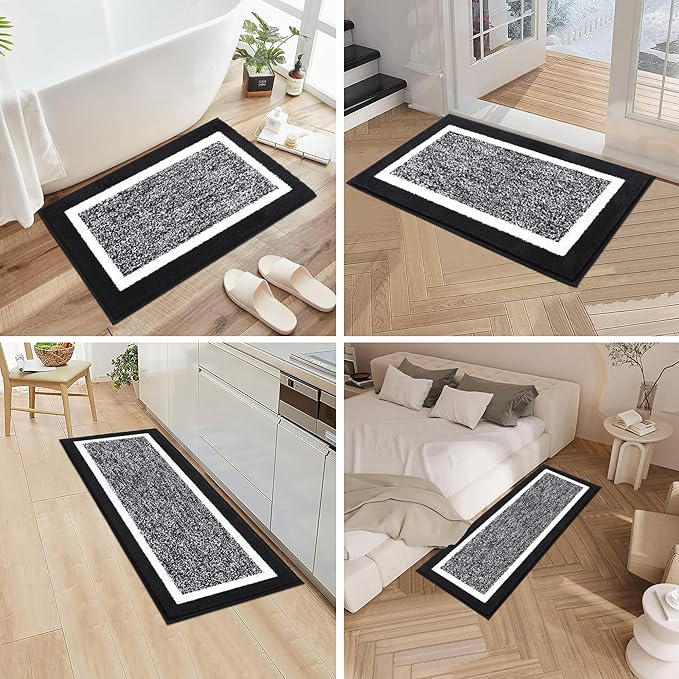 Pauwer Bathroom Rug Mat Set 3 Piece, Microfiber Shaggy Bath Set, Non-Slip Ultra Soft Carpet Mats, Absorbent with U-Shaped Toilet for Bathroom, Tub, Shower, Black