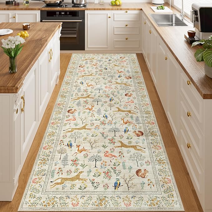DUKINO 3x8 Washable Runner Rug, Low Pile Animal Print Non Slip Long Runner Rug for Kitchen, Lightweight & Non Shedding Indoor Carpet for Hallway, Kitchen, Entryway, Bathroom, Laundry, Beige