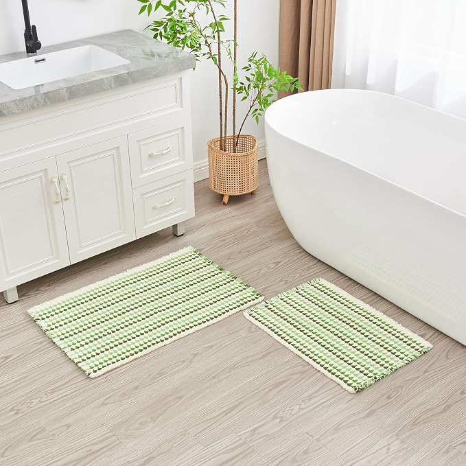Douceur Boho Bath mat for Bathroom Floor Non Slip, Acrylic Blend Cute Bath Mats with Tassels, Quick Dry Bath mats Machine Washable, 24" x 36", Green