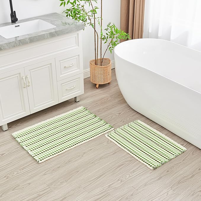 Douceur Boho Bath mat for Bathroom Floor Non Slip, Acrylic Blend Cute Bath Mats with Tassels, Quick Dry Bath mats Machine Washable, 16" x 24", Green