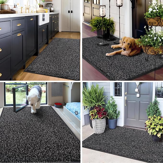Mibao Front Door Mat, Dirt Trapper Welcome Mat for Outdoor Indoor, Non-Slip Waterproof Doormat, Durable Machine Washable Low Profile Entry Rug for Back Door Outside Patio Porch, 60" x 36", Black