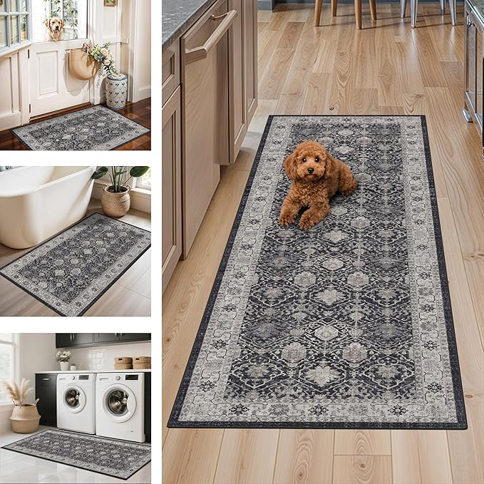 3 Pieces Kitchen Rug Sets: Farmhouse Washable Non-Slip Floor Mat for Sink Stove & Fridge Area Water Resistant Carpet for Laundry Room Entryway Soft Cozy Runners for Kids Pets Family(2x3+2x4+2x5,Black)