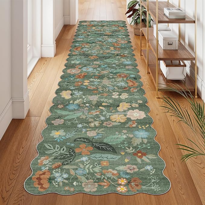 Washable 2'6x12 Hallway Runner Rug: Soft Entryway Kitchen Floral Runners Non Slip Water Resistant Nursery Bathroom Floor Mat Light Weight Carpet for Living Room Bedroom (2'6x12 Floral/Green)