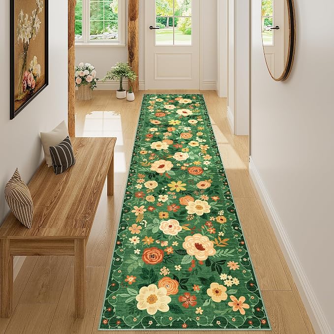 DUKINO 2x8 Runner Rug for Hallway, Washable Kitchen Runner Rug with Rubber Backing Non Slip, Low Pile Soft Boho Floral Thin Carpet for Entryway, Hallway, Bathroom, Laundry Room, Dark Green