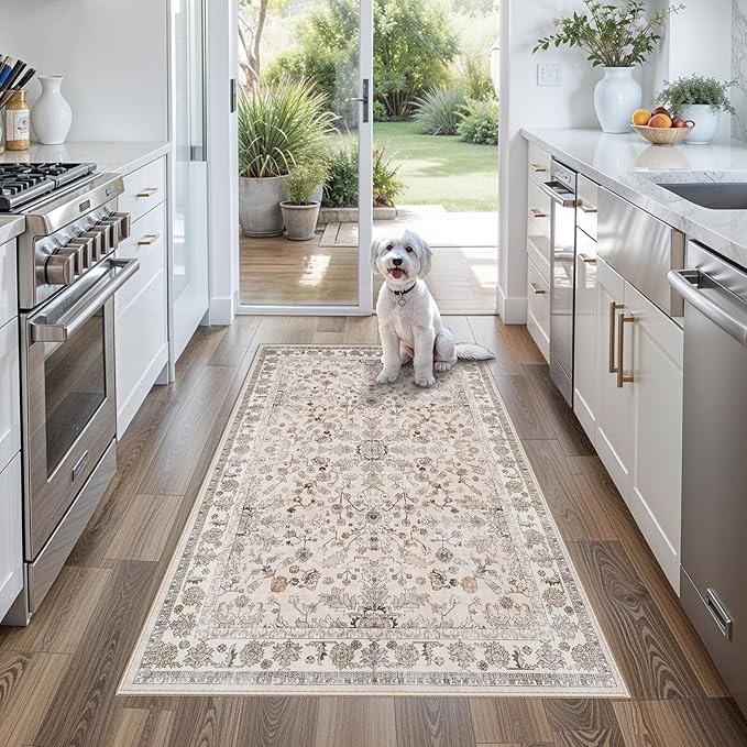 3x6 Kitchen Runner Rug Non Slip Washable - Soft Low Pile Stain-Resistant Wide Carpet Runner for Hallway Entryway Bedroom Bathroom with Rubber Backing - Boho Floral Door Mat(Beige,3x6)