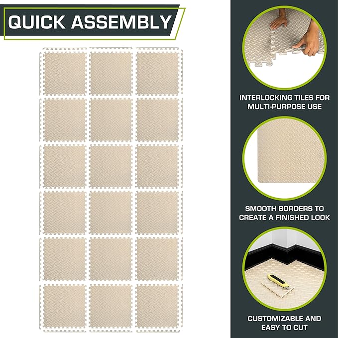 ProsourceFit Exercise Puzzle Mat 1/2-inch, EVA Interlocking Foam Floor Tiles for Home Gym, Workout Equipment, Kids Play Areas, Beige, 72 Sq Ft - 18 Tiles