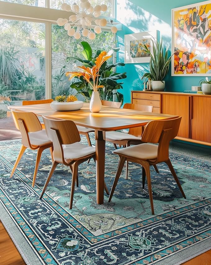 RELEANY Area Rugs 6'x9' Washable Non-Slip, Floral Vintage Distress Medallion Carpet for Living Room Bedroom Dining Room, Teal Green Lake Blue Turquoise