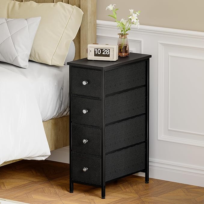 Fixwal Narrow Storage Cabinet, Small Dresser with 4 Drawers, Slim Fabric Dresser Storage for Small Spaces, Black Dresser Nightstand Side Table for Bedroom, Bathroom, Laundry, Closet, Dorm