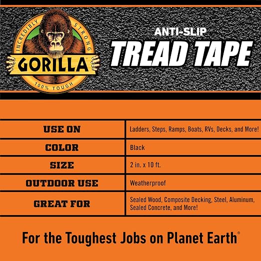 Gorilla Anti-Slip Tread Tape, 2" x 10' Roll, Black, (Pack of 4)
