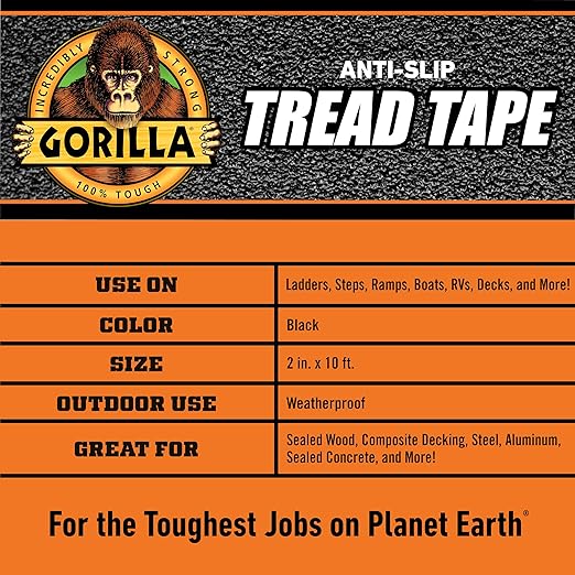 Gorilla Anti-Slip Tread Tape, 2" x 10' Roll, Black, (Pack of 1)