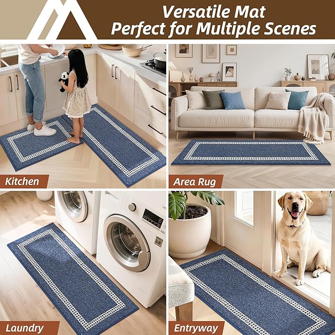 COSY HOMEER Kitchen Rugs Sets 2PCS,Non-Slip Washable Kitchen Mats for Floor,Absorbent and Stain Resistant Kitchen Runner Rugs for Kitchen Sink Laundry Entryway,24"x35"+24"x60",Blue