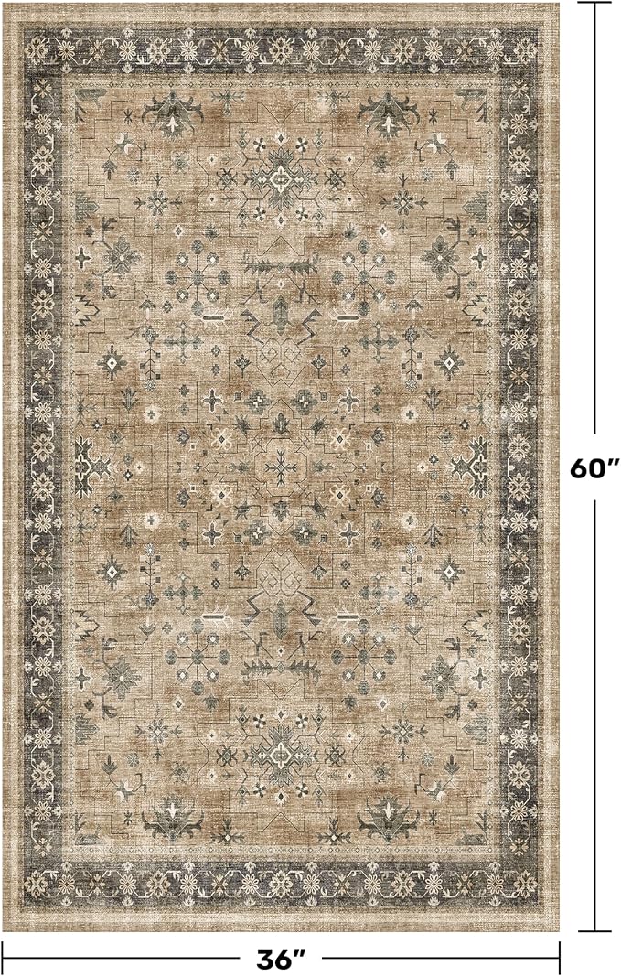 Boho Natural Earthy 3x5 Entryway Rug, Washable Mudroom Area Rug, Modern Vintage Kitchen Floor Carpet, Low Pile Non-Slip Carpet for Indoor Entrance and Laundry Room