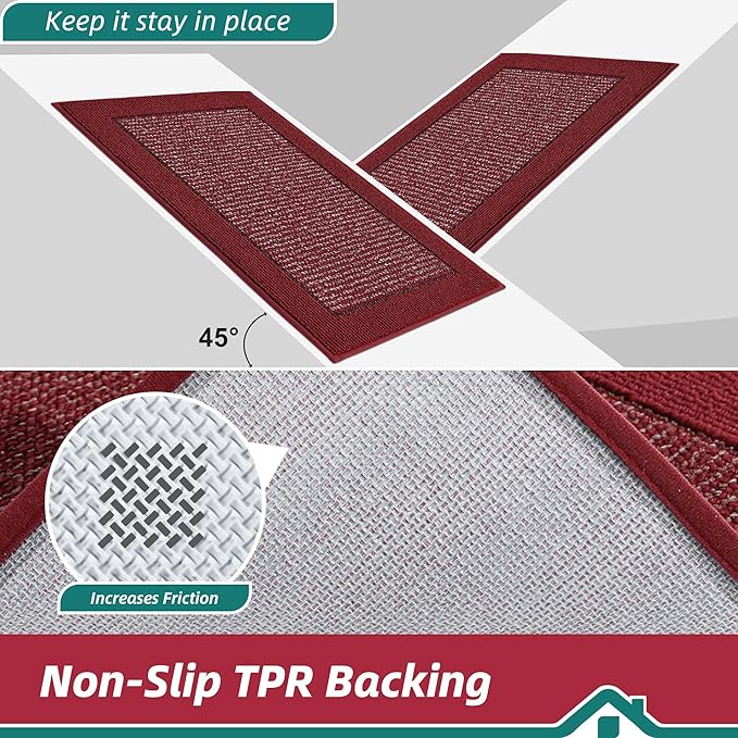 BEQHAUSE Kitchen Rugs and Mats Set of 2 Non-Slip Kitchen Mats for Floor, Absorbent and Stain Resistant Kitchen Runner, Machine Washable Rugs for Kitchen, Laundry & Sink, 24"x36"+24"x60", Red
