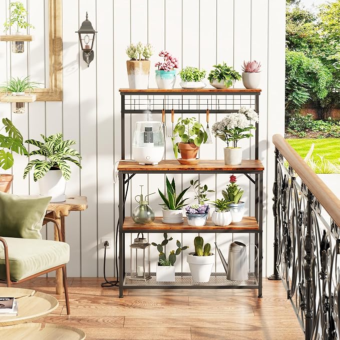 Furologee Kitchen Bakers Rack with Power Outlet,Coffee Stand with Storage 4 Tiers,Coffee Bar Station with a 31.5 Inch Larger Desktop and 8 S Hooks,Kitchen Microwave Rack for Spices,Pots,Rustic Brown