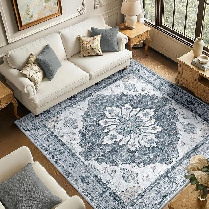 RELEANY Area Rugs Square 6ft Washable Non-Slip, Floral Vintage Distress Medallion Carpet for Living Room Bedroom Dining Room, Light Gray Grey White