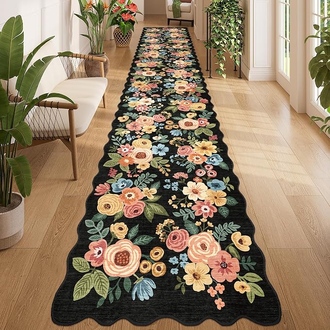 DUKINO 2.6x14 Runner Rug for Hallway, Non Slip Floral Washable Kitchen Rug with Low Pile Design, Boho Stain Resistant Floor Carpet Runner for Entryway, Bathroom, Laundry, Bedroom, Black