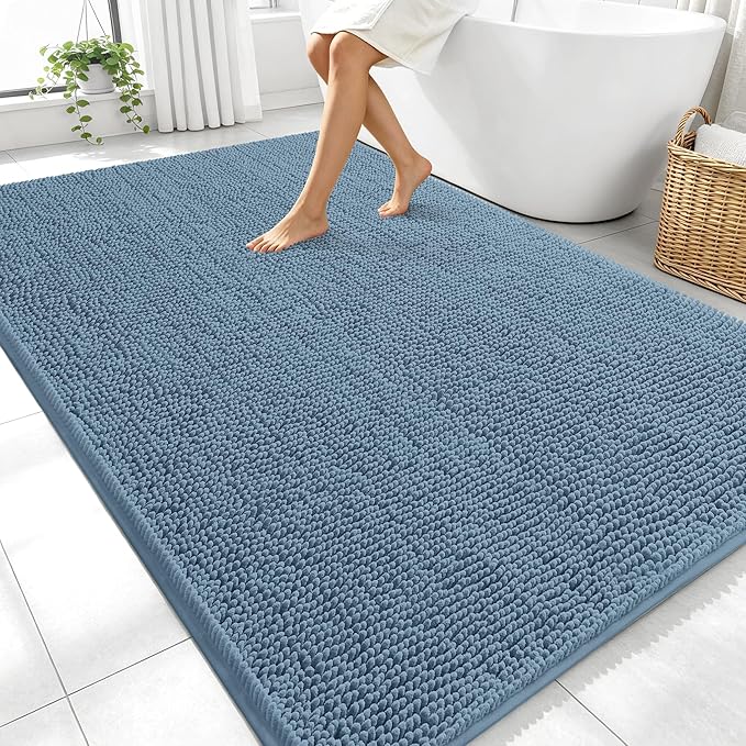 OLANLY Large Bathroom Rugs 70x46, Extra Soft Absorbent Chenille Bath Rugs, Rubber Backing Quick Dry, Machine Washable Bath Mats for Bathroom Floor, Tub and Shower, Home Decor Accessories, Airy Blue