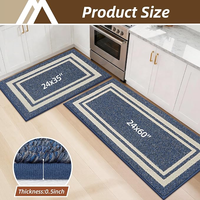COSY HOMEER Kitchen Rugs Non-Slip 24x35/24x60 Inch Thick Polypropylene Standing Mat for Home Machine Washable, Blue