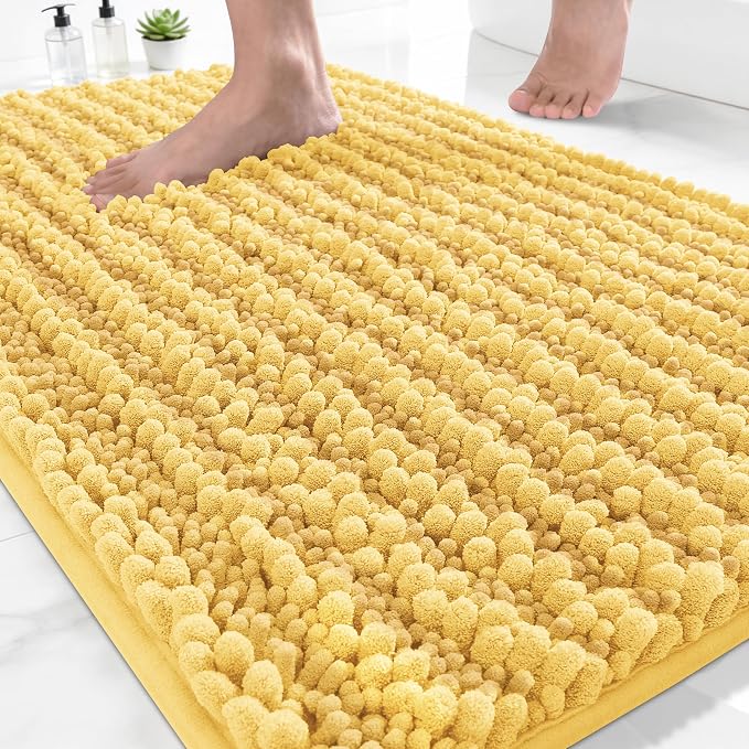 Yimobra Bathroom Rugs Non Slip Washable - Ultra Soft Absorbent Chenille Bath Mat, Quick Dry Shaggy Floor Carpet for Tub Shower, Yellow Home Decor Accessories, 24x17 Inch