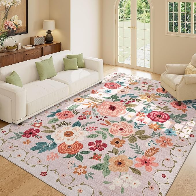 DUKINO 8x10 Area Rug, Floral Rugs for Living Room, Lightweight Non Slip Washable Rug, Indoor Low Pile & Non-Shedding Boho Design Rugs for Bedroom, Living Room, Dining Room, Beige