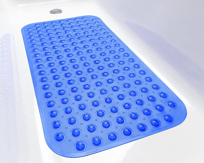 Large Non-Slip Bathtub & Shower Mat 31”x16” (Smooth/Non-Textured Tubs Only) Safe, Clean, Machine-Washable, Superior Grip&Drainage, Vinyl, Transparent Blue
