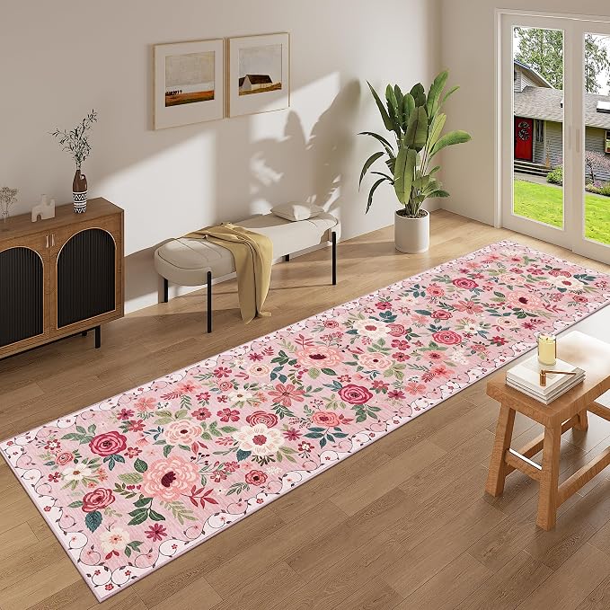 DUKINO Runner Rug for Hallway, 2.6x10 Washable Floral Long Kitchen Rug with Non Slip Backing, Lightweight & Stain Resistant Soft Runners for Indoor Entrance, Laundry, Living Room, Bedroom, Pink