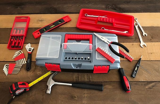 Apollo Tools 53 Piece Household Tool Set Includes Tools and Tool Box with a Selection of Most Needed Tools for Basic DIY Repairs, Maintenance and Crafts - Red
