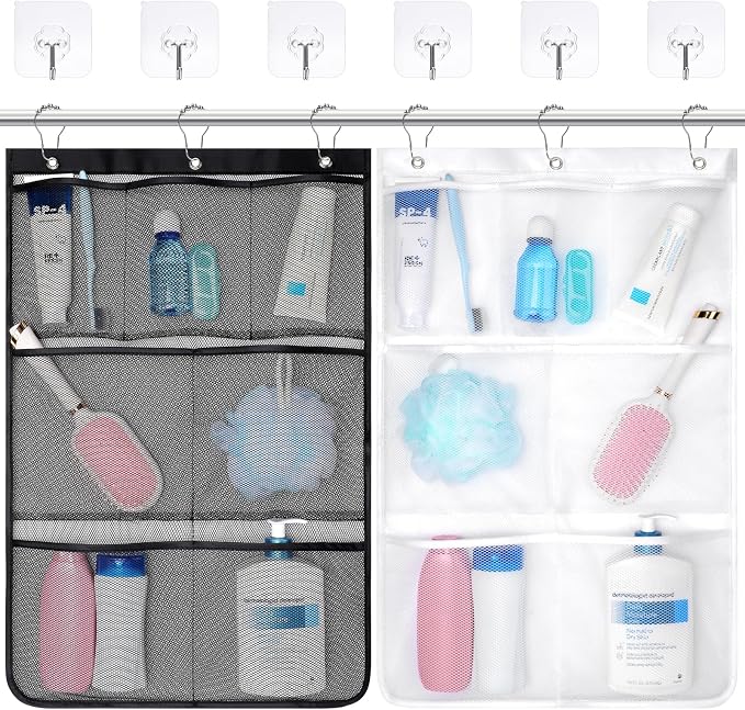F-color Cruise Essentials 2026 - Mesh Shower Organizer Hanging with 7 Pockets for RV Gym Camping, Quick-Dry Portable Toiletry Bag with Metal Hooks for Bathroom Travel Toiletries, Black+White