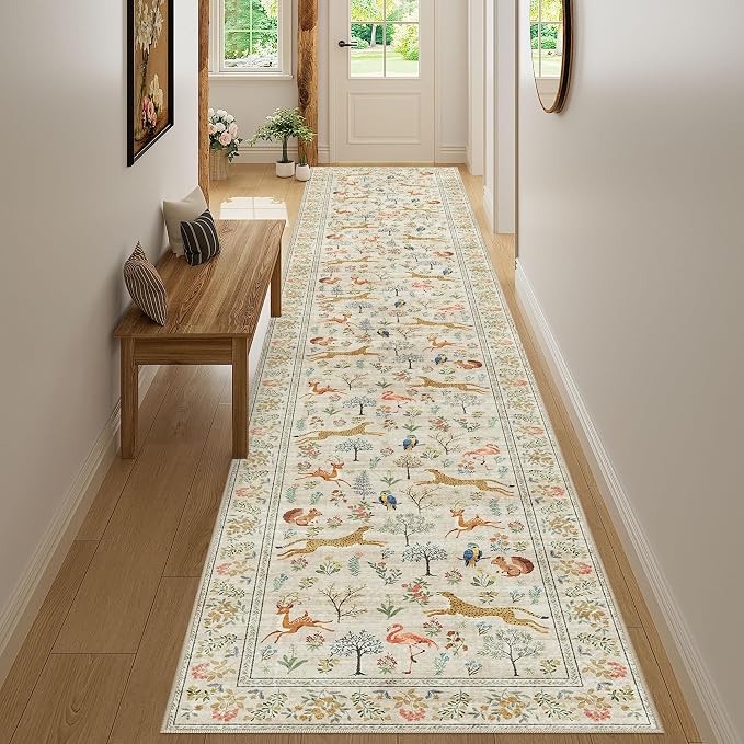 DUKINO 2.6x14 Hallway Runner Rug, Vintage Washable Long Kitchen Rug with Non Slip Backing, Stain Resistant & Low Pile Animal Print Floor Carpet for Indoor Entrance Bathroom, Laundry, Bedroom, Beige