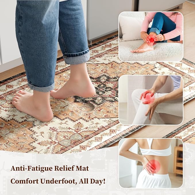 Boho Kitchen Mats for Floor 2 Piece Set Anti Fatigue Cushioned PVC Kitchen Rugs Non Slip Waterproof Farmhouse Mats 2/5 Inch Comfort Standing Mat for Sink, Laundry, 17.3"x47"+17.3"x28", Orange