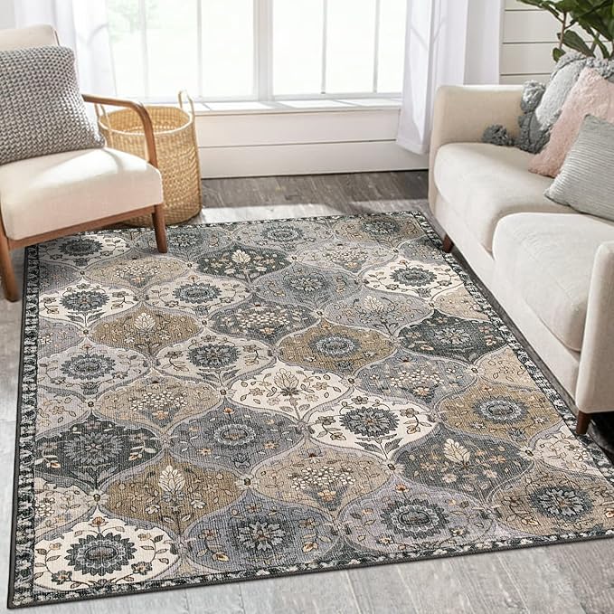 Lahome Moroccan Trellis Washable Area Rugs, 3x5 Rug for Bedroom Entryway Indoor Non-Slip, Small Oriental Accent Carpet for Living Room Kitchen Bathroom Office Elise, Grey
